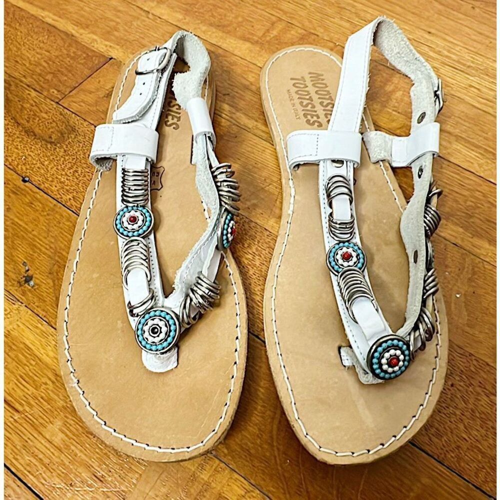 Mootsies Tootsies White All Leather Boho Beaded Sandals Size 8